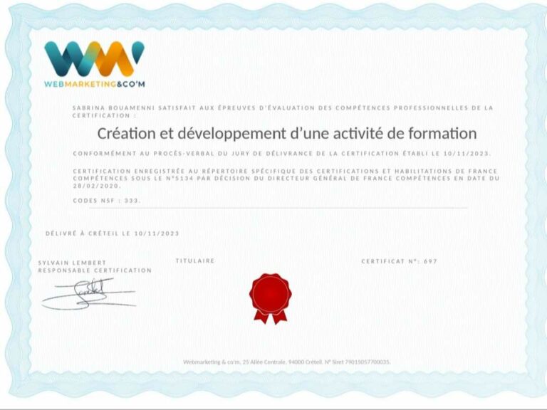 Attestation Creation et développement d'une activité de formation